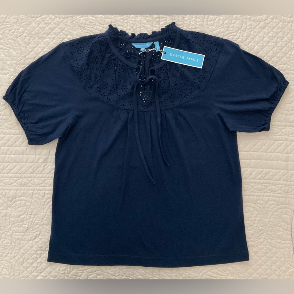 Draper James knit Eyelet Tie Neck Top in Nassau Navy, Sz S
